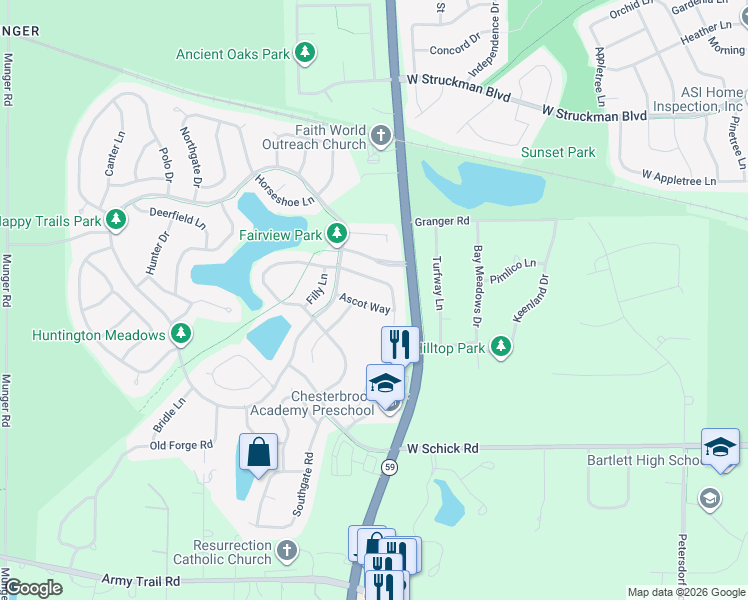 map of restaurants, bars, coffee shops, grocery stores, and more near 1128 Ascot Way in Bartlett
