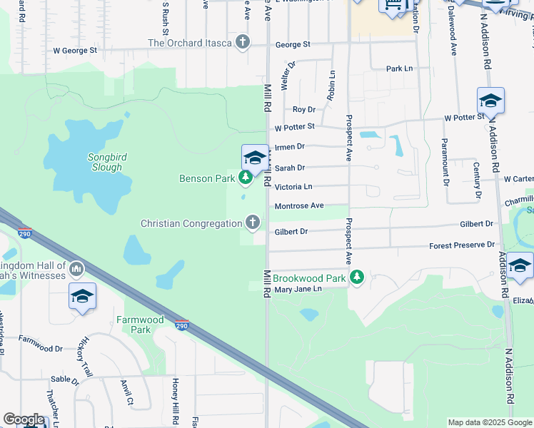 map of restaurants, bars, coffee shops, grocery stores, and more near 635 Montrose Avenue in Wood Dale