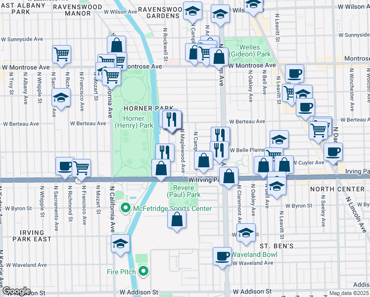 map of restaurants, bars, coffee shops, grocery stores, and more near in Chicago