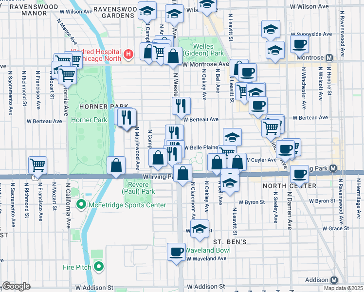 map of restaurants, bars, coffee shops, grocery stores, and more near 4101 North Western Avenue in Chicago