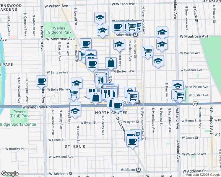 map of restaurants, bars, coffee shops, grocery stores, and more near N Damen Ave & W Belle Plaine Ave in Chicago