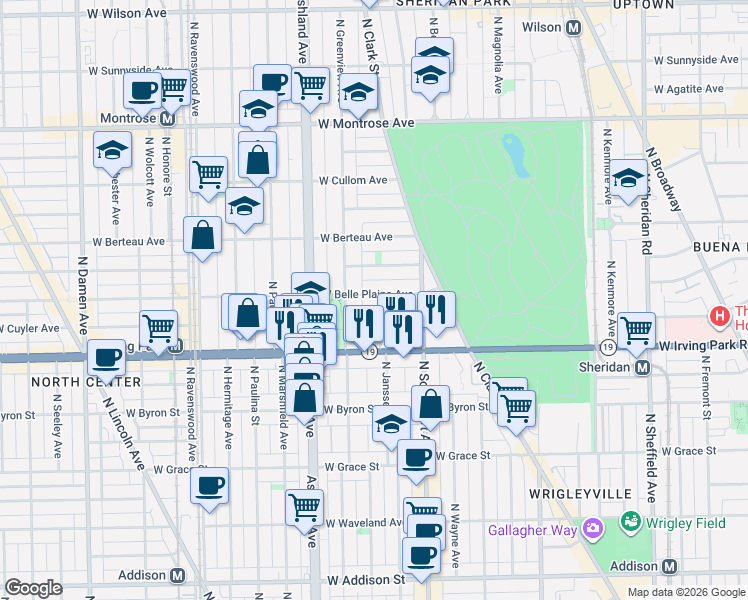 map of restaurants, bars, coffee shops, grocery stores, and more near 1451 West Belle Plaine Avenue in Chicago
