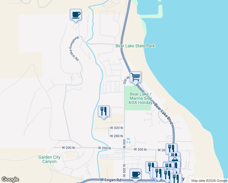 map of restaurants, bars, coffee shops, grocery stores, and more near 533 Blue Lake St in Garden City