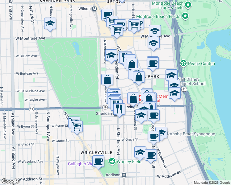 map of restaurants, bars, coffee shops, grocery stores, and more near 4048 North Sheridan Road in Chicago