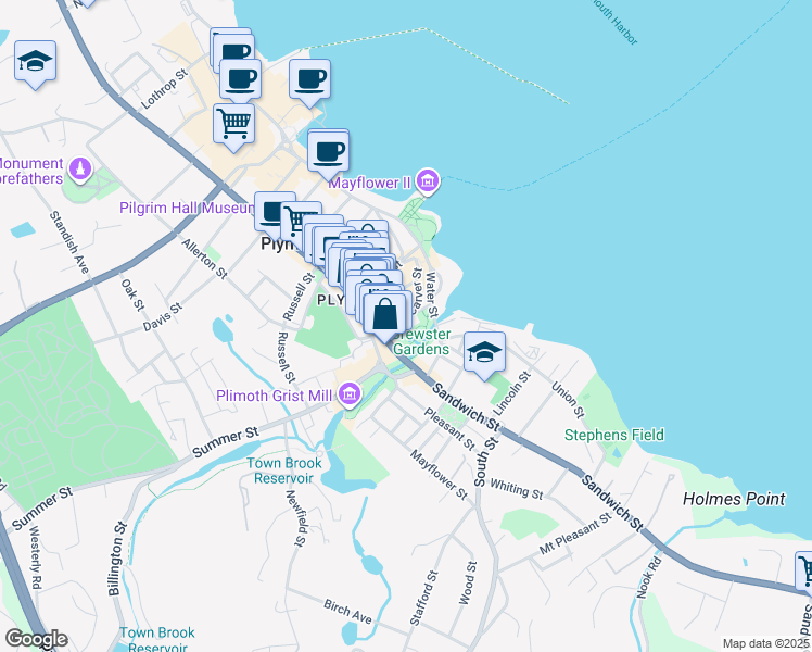 map of restaurants, bars, coffee shops, grocery stores, and more near 20 Leyden Street in Plymouth