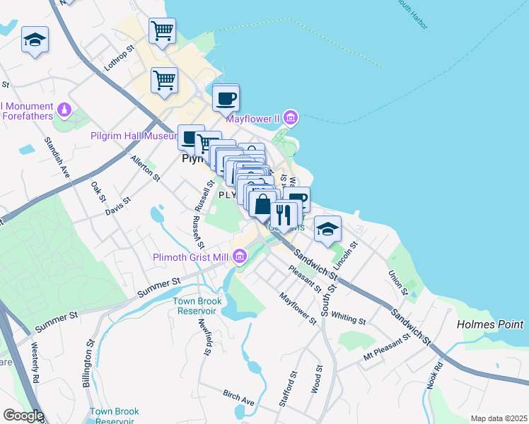 map of restaurants, bars, coffee shops, grocery stores, and more near 20 Leyden Street in Plymouth