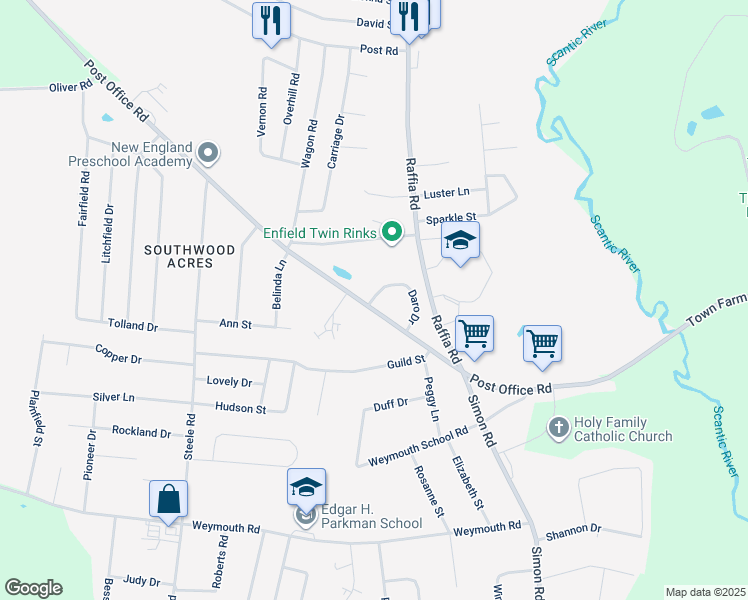 map of restaurants, bars, coffee shops, grocery stores, and more near 75 Daro Drive in Enfield