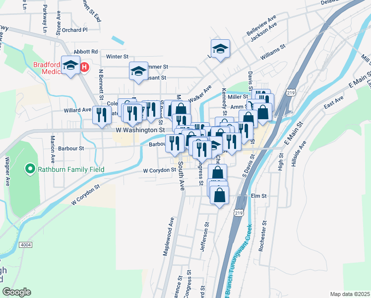map of restaurants, bars, coffee shops, grocery stores, and more near 20 Mechanic Street in Bradford