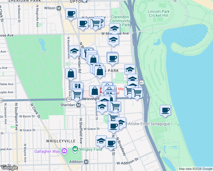 map of restaurants, bars, coffee shops, grocery stores, and more near 4067 North Broadway in Chicago