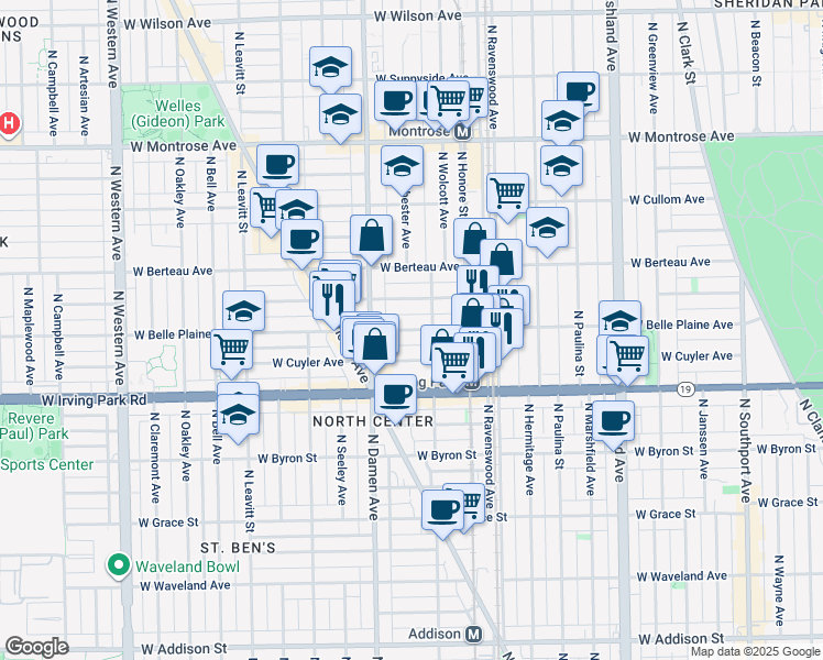 map of restaurants, bars, coffee shops, grocery stores, and more near 4110 North Wolcott Avenue in Chicago