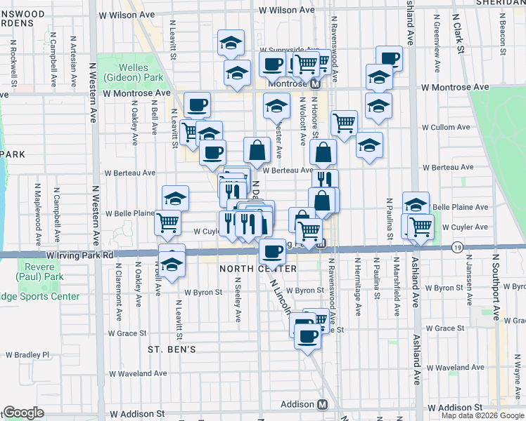 map of restaurants, bars, coffee shops, grocery stores, and more near 1941 West Warner Avenue in Chicago