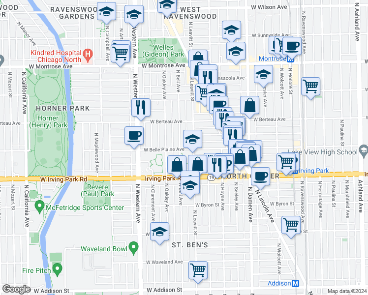 map of restaurants, bars, coffee shops, grocery stores, and more near 4118 North Leavitt Street in Chicago