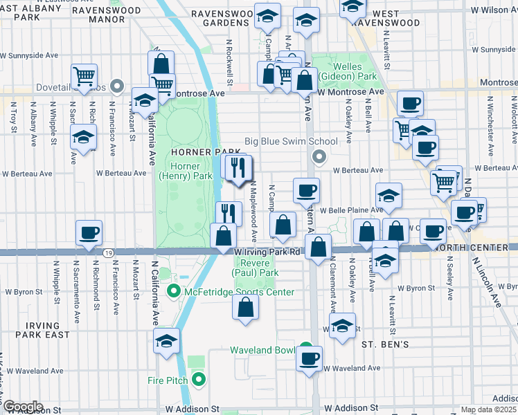 map of restaurants, bars, coffee shops, grocery stores, and more near in Chicago