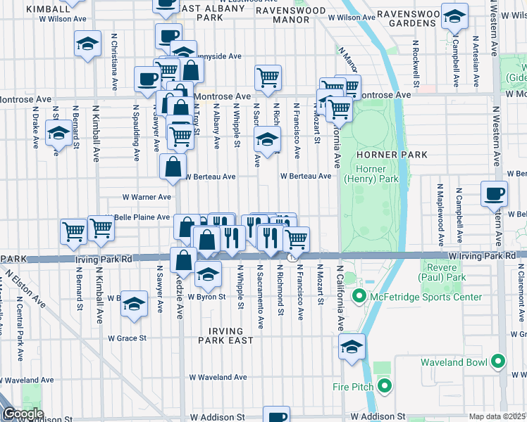 map of restaurants, bars, coffee shops, grocery stores, and more near 4122 North Sacramento Avenue in Chicago