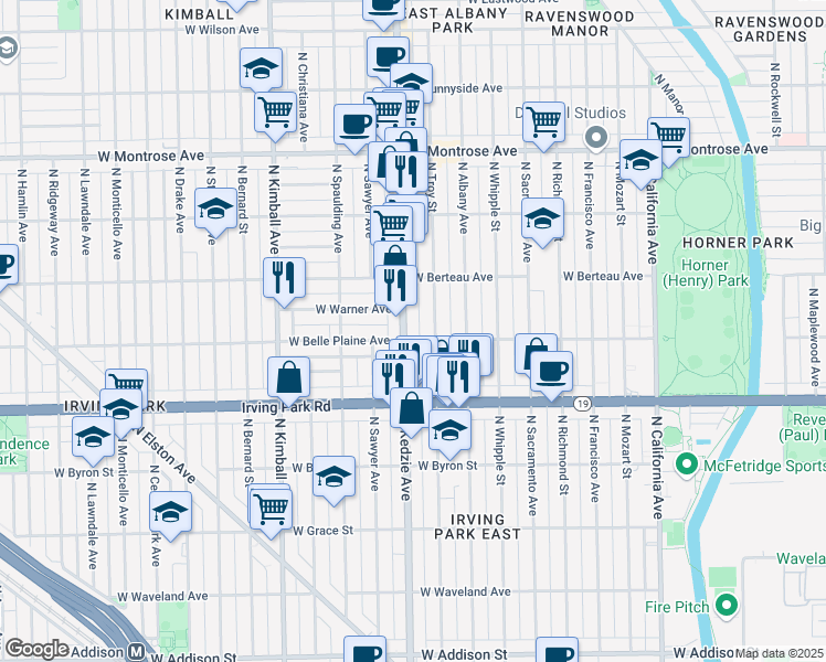 map of restaurants, bars, coffee shops, grocery stores, and more near 4125 North Kedzie Avenue in Chicago