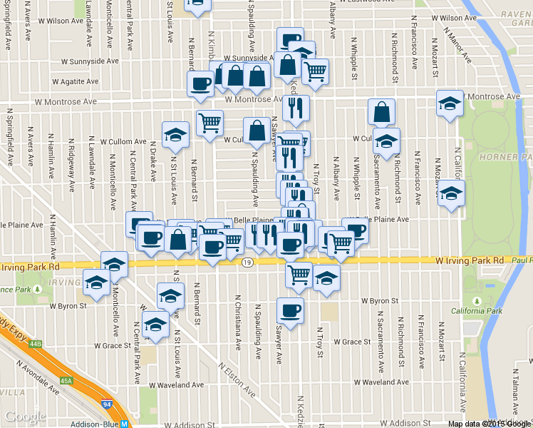 map of restaurants, bars, coffee shops, grocery stores, and more near 3235 West Warner Avenue in Chicago