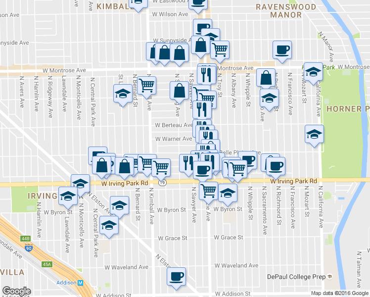 map of restaurants, bars, coffee shops, grocery stores, and more near 3235 West Warner Avenue in Chicago