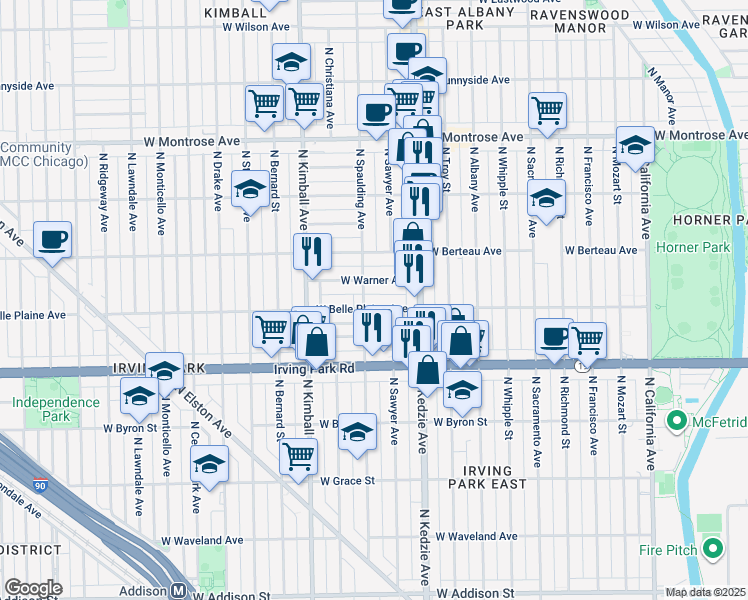 map of restaurants, bars, coffee shops, grocery stores, and more near 3235 West Warner Avenue in Chicago