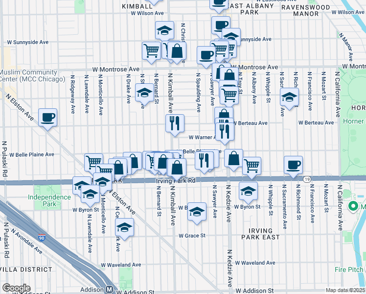 map of restaurants, bars, coffee shops, grocery stores, and more near 4125 North Kimball Avenue in Chicago