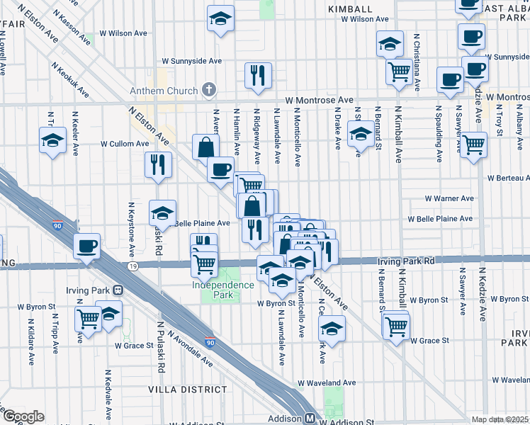 map of restaurants, bars, coffee shops, grocery stores, and more near 4130 North Ridgeway Avenue in Chicago