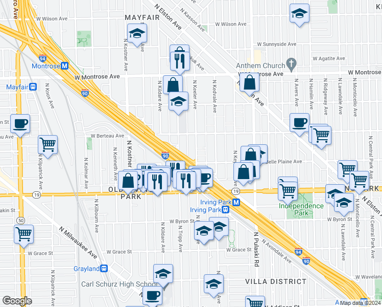 map of restaurants, bars, coffee shops, grocery stores, and more near 4137 North Tripp Avenue in Chicago