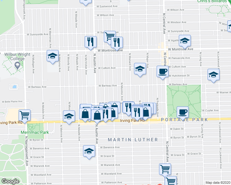 map of restaurants, bars, coffee shops, grocery stores, and more near 4155 North Marmora Avenue in Chicago