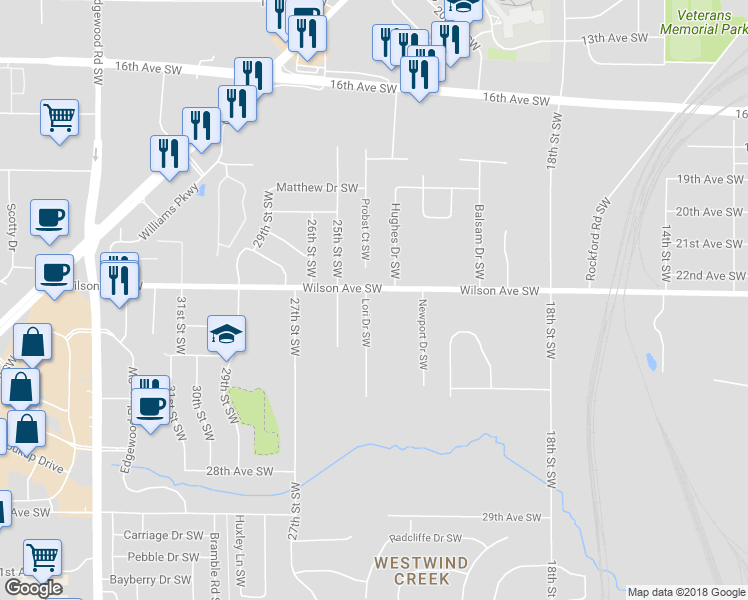 map of restaurants, bars, coffee shops, grocery stores, and more near 2313 Lori Drive Southwest in Cedar Rapids