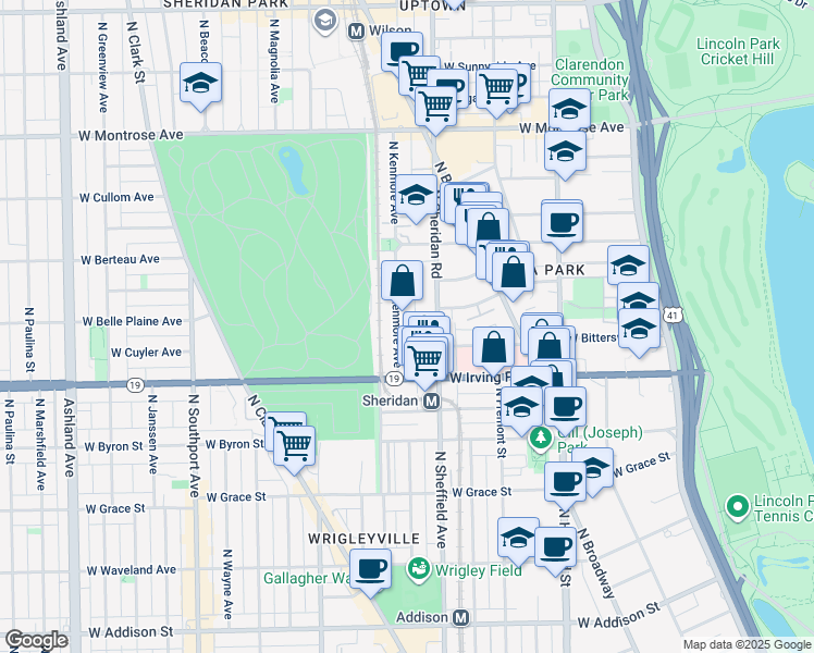 map of restaurants, bars, coffee shops, grocery stores, and more near 4051 North Kenmore Avenue in Chicago