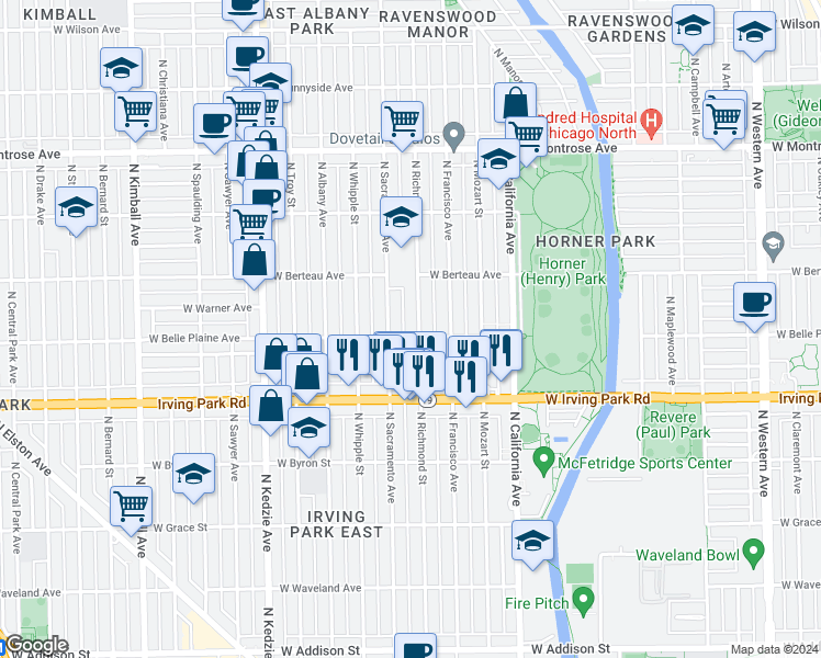map of restaurants, bars, coffee shops, grocery stores, and more near 4122 North Richmond Street in Chicago