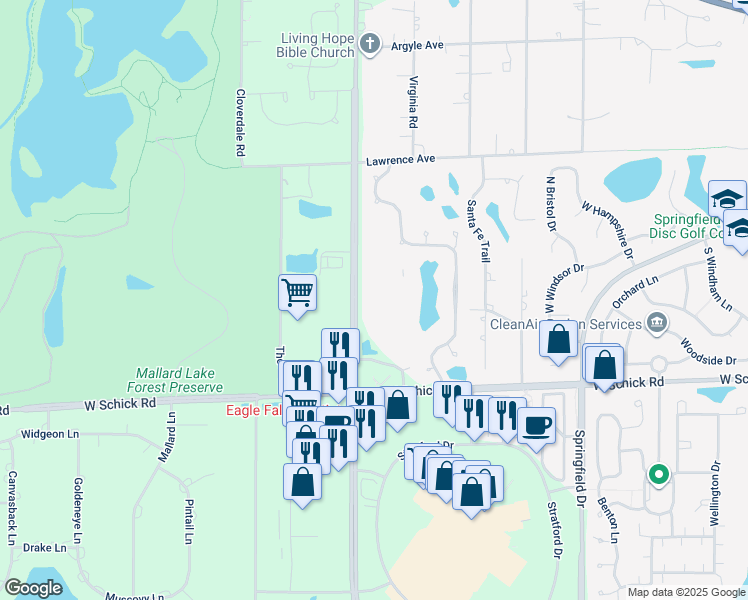 map of restaurants, bars, coffee shops, grocery stores, and more near 318 Glenwood Drive in Bloomingdale
