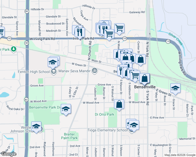 map of restaurants, bars, coffee shops, grocery stores, and more near 441 Gaylin Court in Bensenville