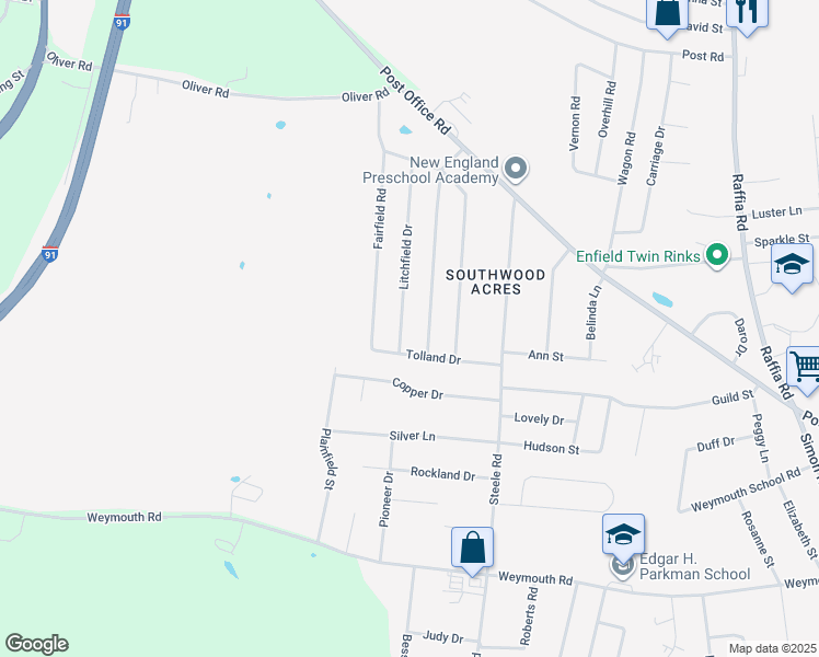 map of restaurants, bars, coffee shops, grocery stores, and more near 32 Litchfield Drive in Enfield
