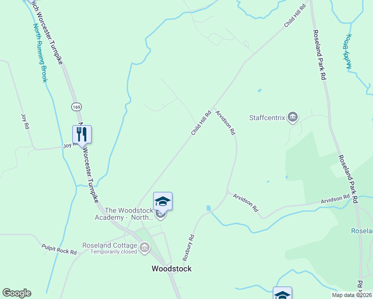 map of restaurants, bars, coffee shops, grocery stores, and more near 101 Child Hill Road in Woodstock