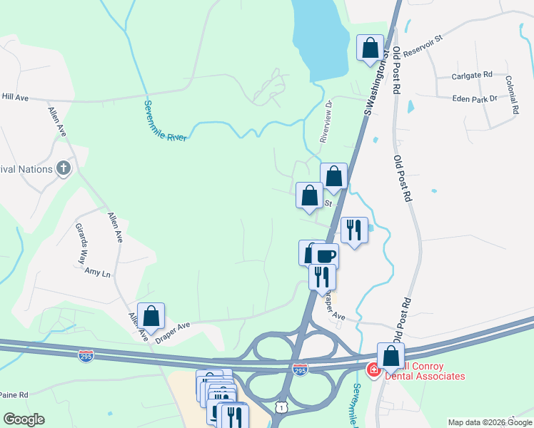 map of restaurants, bars, coffee shops, grocery stores, and more near 82 Norton Road in North Attleborough