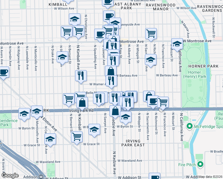 map of restaurants, bars, coffee shops, grocery stores, and more near 4106 North Kedzie Avenue in Chicago