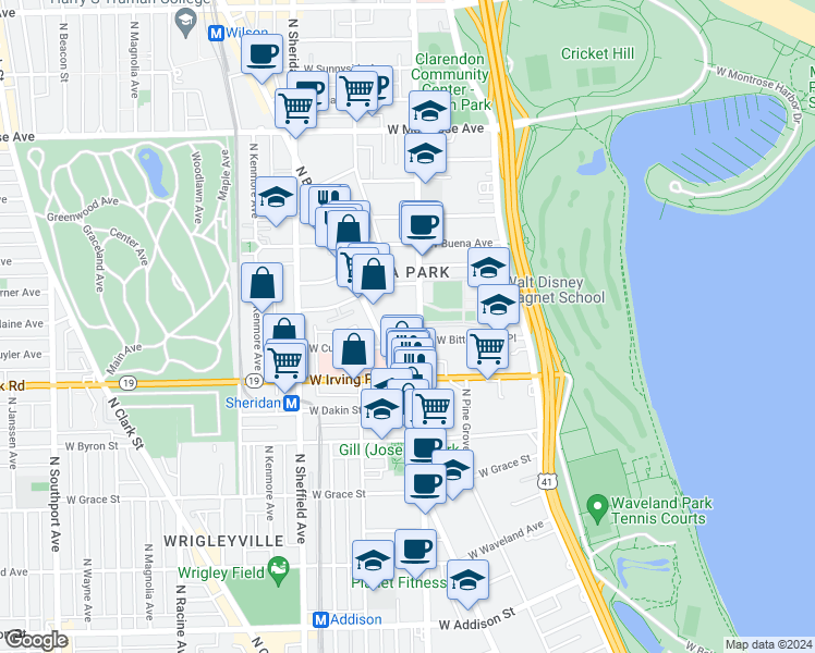 map of restaurants, bars, coffee shops, grocery stores, and more near 4067 North Broadway in Chicago