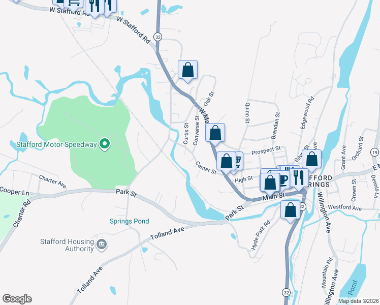 map of restaurants, bars, coffee shops, grocery stores, and more near 30 Converse Street in Stafford