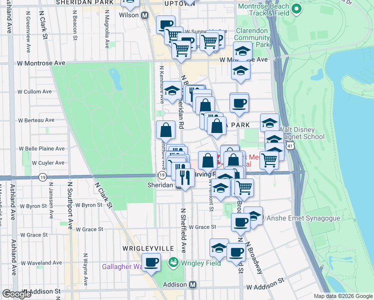 map of restaurants, bars, coffee shops, grocery stores, and more near 947 West Belle Plaine Avenue in Chicago