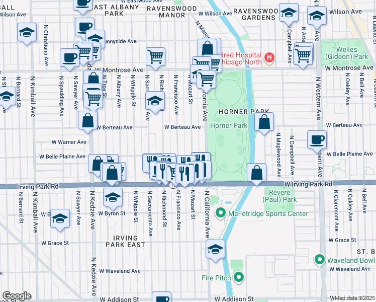 map of restaurants, bars, coffee shops, grocery stores, and more near 4104 North Mozart Street in Chicago