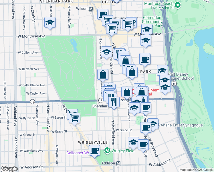 map of restaurants, bars, coffee shops, grocery stores, and more near 4069 North Kenmore Avenue in Chicago