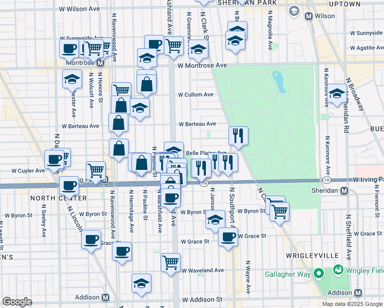 map of restaurants, bars, coffee shops, grocery stores, and more near 4107 North Greenview Avenue in Chicago