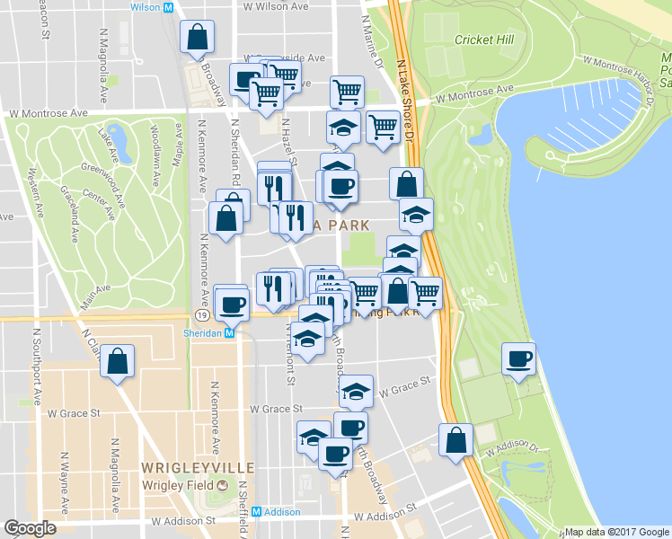 map of restaurants, bars, coffee shops, grocery stores, and more near 4115-4147 North Clarendon Avenue in Chicago