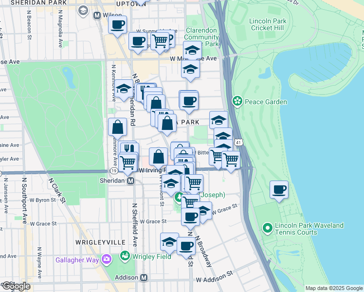 map of restaurants, bars, coffee shops, grocery stores, and more near 4067 North Broadway in Chicago