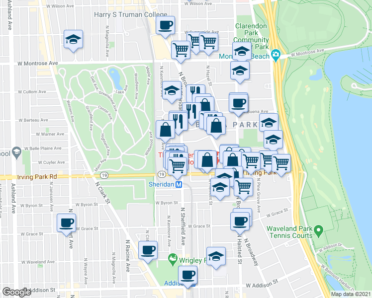 map of restaurants, bars, coffee shops, grocery stores, and more near 947 West Belle Plaine Avenue in Chicago