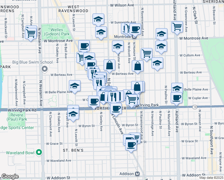 map of restaurants, bars, coffee shops, grocery stores, and more near 1941 West Warner Avenue in Chicago