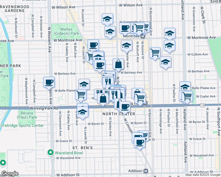 map of restaurants, bars, coffee shops, grocery stores, and more near 2019 West Warner Avenue in Chicago