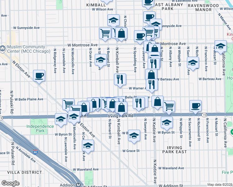 map of restaurants, bars, coffee shops, grocery stores, and more near 4125 North Kimball Avenue in Chicago