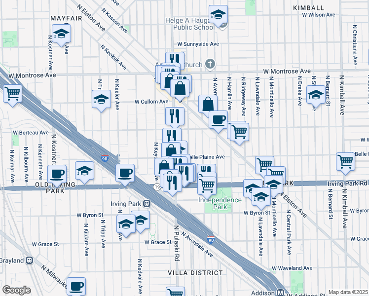 map of restaurants, bars, coffee shops, grocery stores, and more near 4133 North Pulaski Road in Chicago