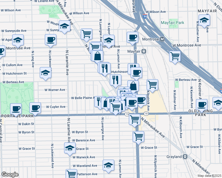map of restaurants, bars, coffee shops, grocery stores, and more near 4156 North Milwaukee Avenue in Chicago
