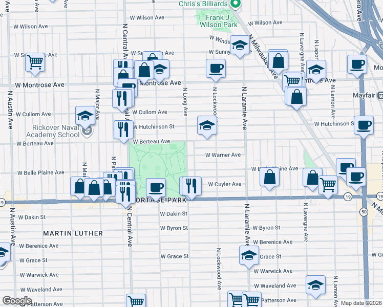 map of restaurants, bars, coffee shops, grocery stores, and more near 4147 North Long Avenue in Chicago